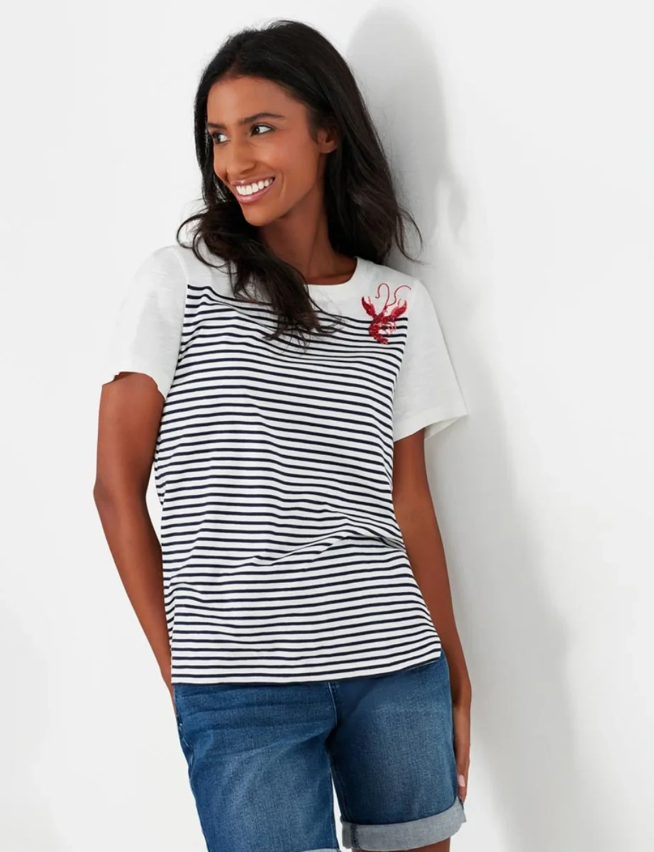Joules Carley Embroidered Lobster T-Shirt | White/Blue Stripe