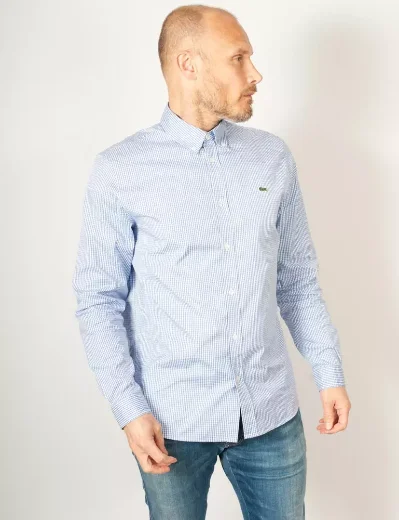 Lacoste  Men's Long Sleeve Gingham Check Shirt | White/Blue