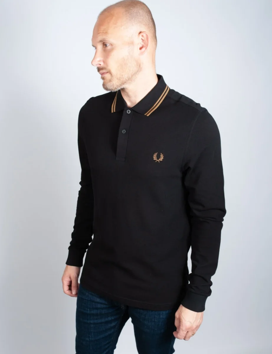 Fred Perry Long Sleeve Twin Tipped Polo Shirt | Black / Stone