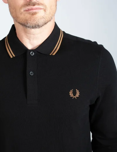 Fred Perry Long Sleeve Twin Tipped Polo Shirt | Black / Stone