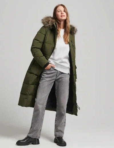 Superdry Longline Faux Fur Everest Coat | Olive