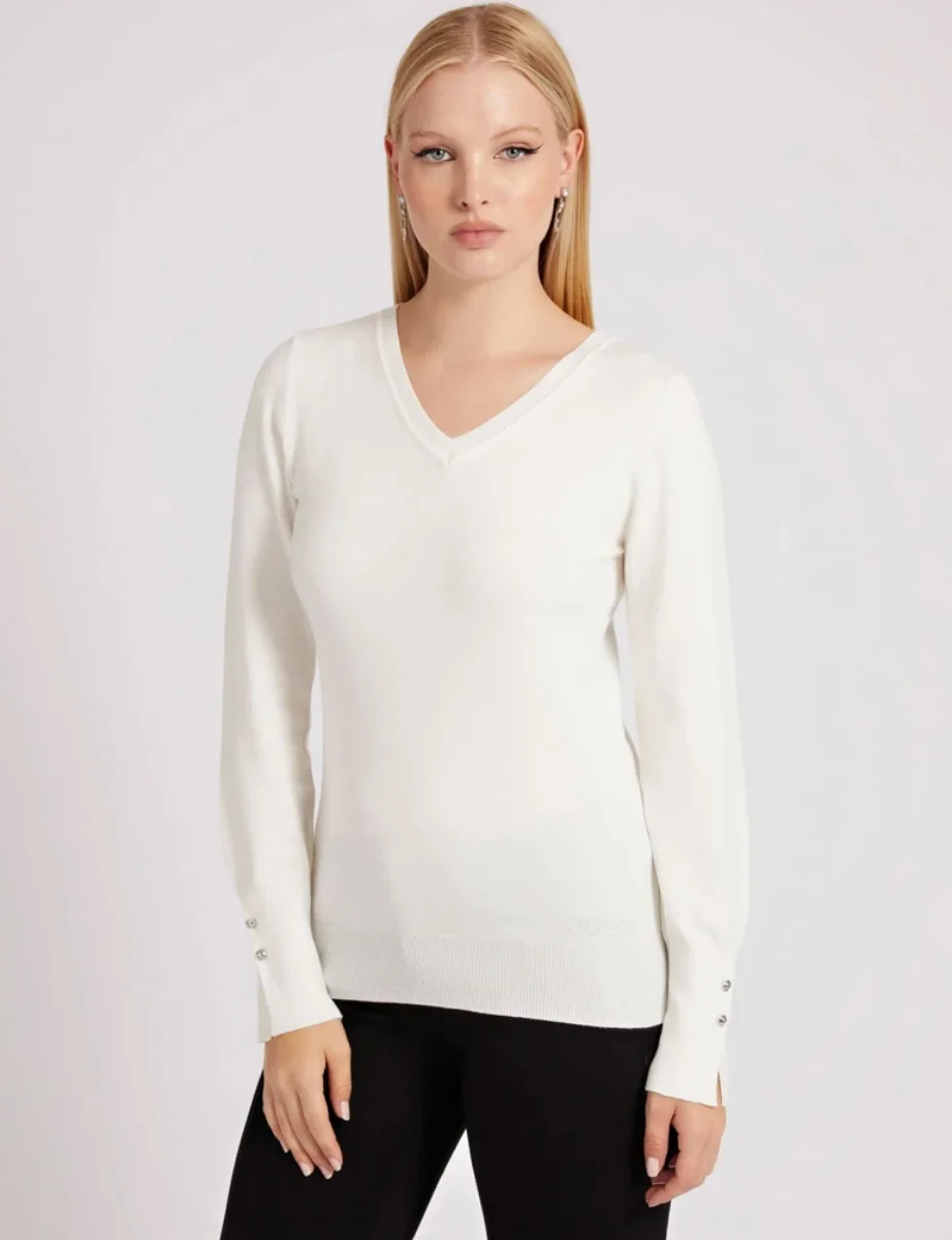 Guess Gena V Neck Knitted Sweater | Cream