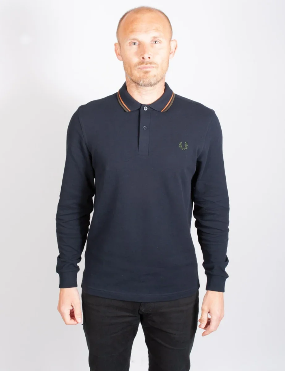 Fred Perry Long Sleeve Twin Tipped Polo Shirt | Navy / Nut Flake / Green