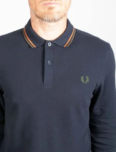 Fred Perry Long Sleeve Twin Tipped Polo Shirt | Navy / Nut Flake / Green