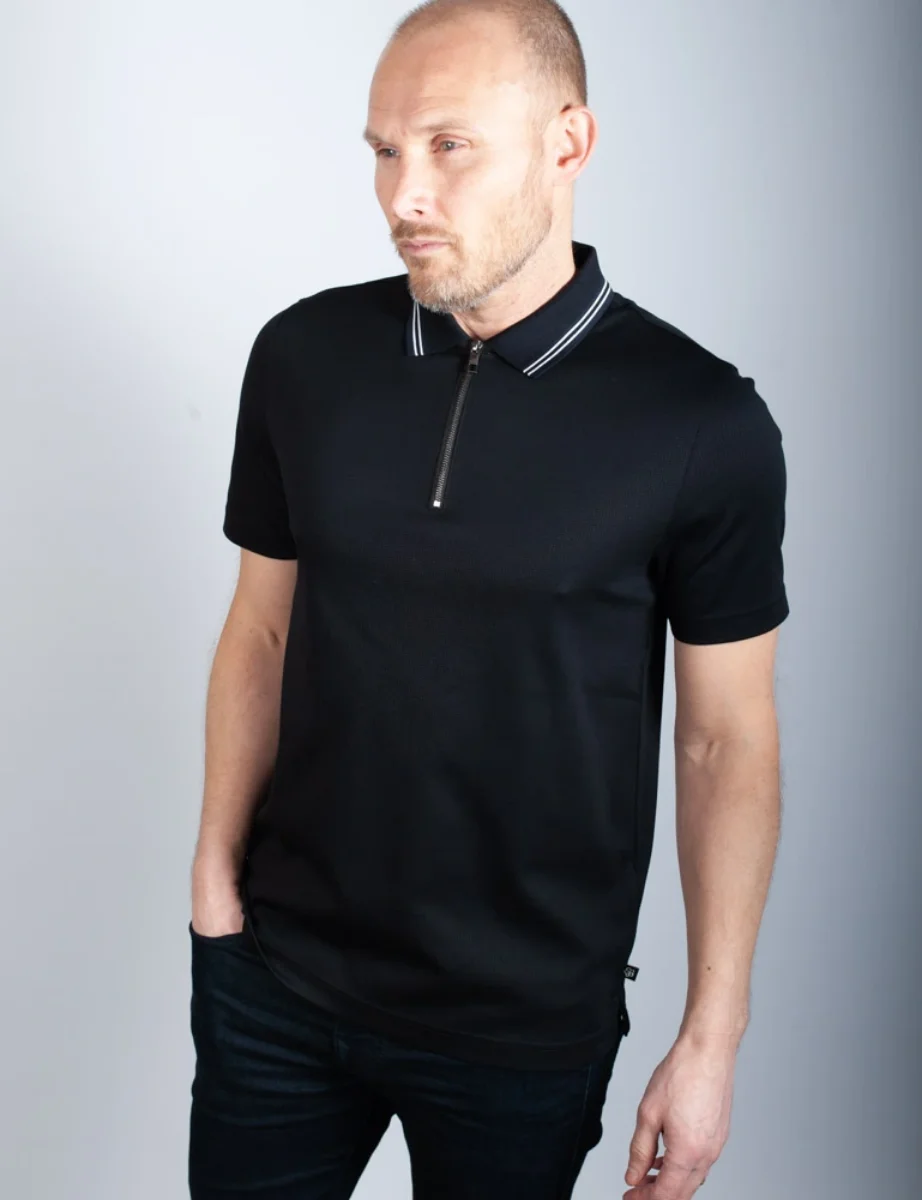 Ted Baker Heflin Zip Neck Textured Polo Shirt | Black