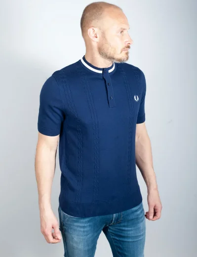 Fred Perry Cable Knit Henley Neck Shirt | French Navy