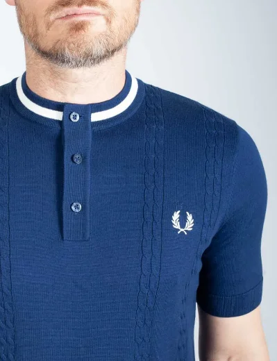 Fred Perry Cable Knit Henley Neck Shirt | French Navy