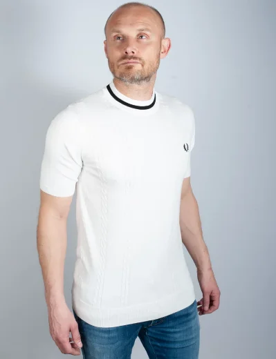 Fred Perry Cable Knit Crew Neck T-Shirt | White
