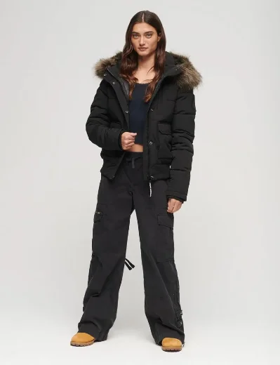 Superdry Womens Hooded Everest Puffer Bomber Jacket | Black