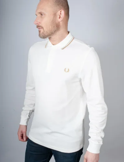 Fred Perry Long Sleeve Twin Tipped Polo | Snow White / Oatmeal / Warm Stone