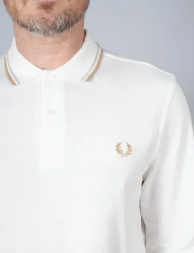 Fred Perry Long Sleeve Twin Tipped Polo | Snow White / Oatmeal / Warm Stone