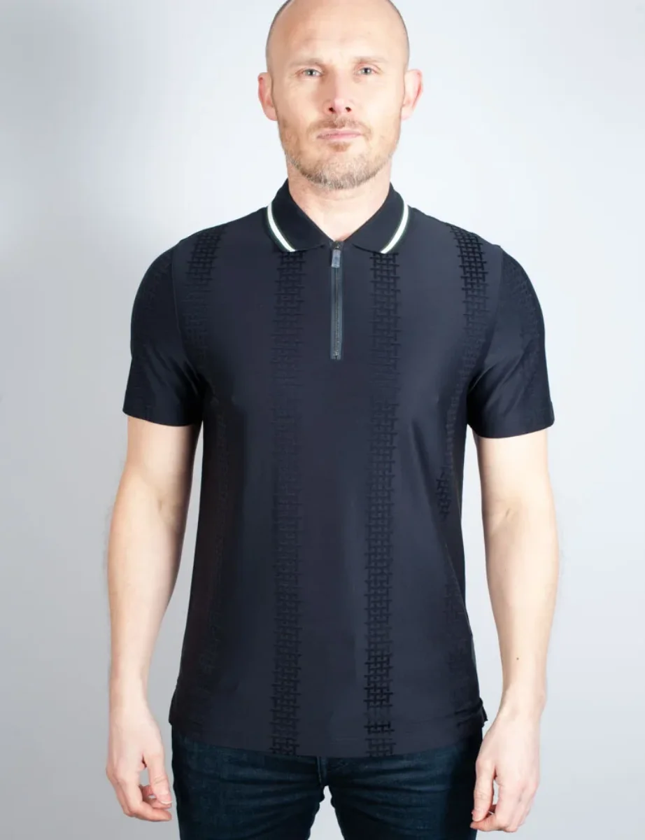 Ted Baker ORBITE Slim Fit Jacquard Zip Neck Polo Shirt | Navy