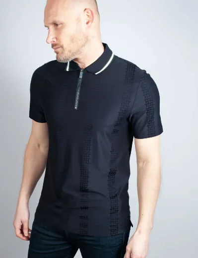 Ted Baker ORBITE Slim Fit Jacquard Zip Neck Polo Shirt | Navy