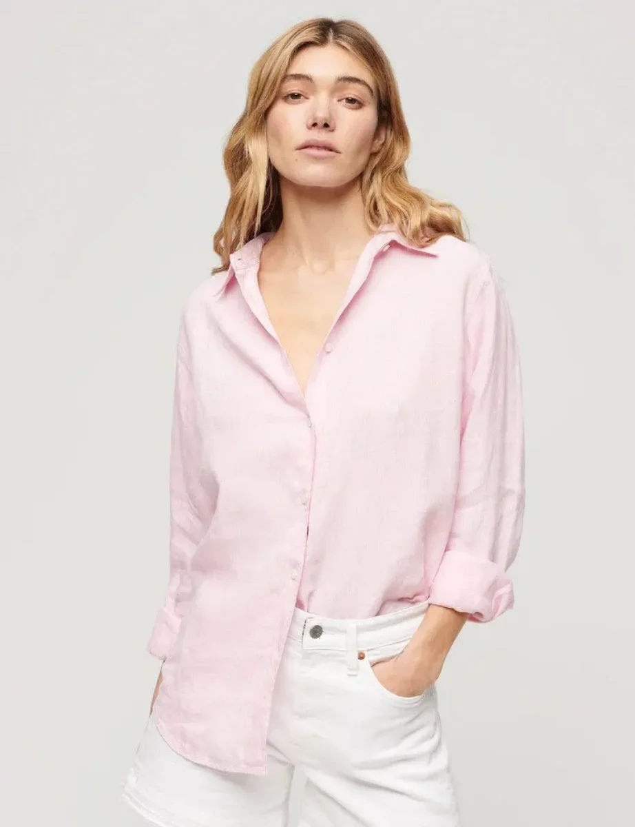 Superdry Women's Casual Linen Boyfriend Shirt | Lilac Blush Pink
