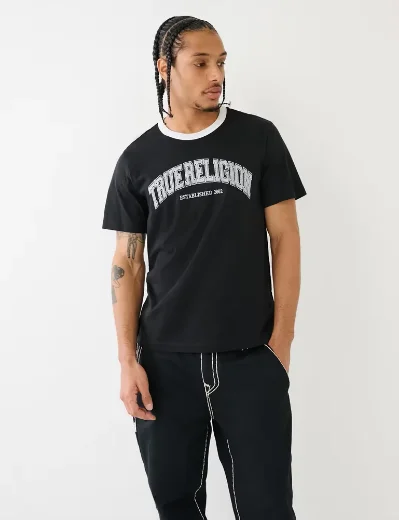 True Religion Collegiate Embroidered Logo Ringer T-Shirt | Black