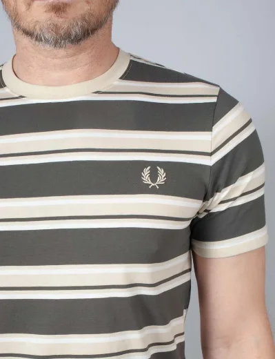 Fred Perry Stripe Crew Neck T-Shirt | Field Green / Oatmeal