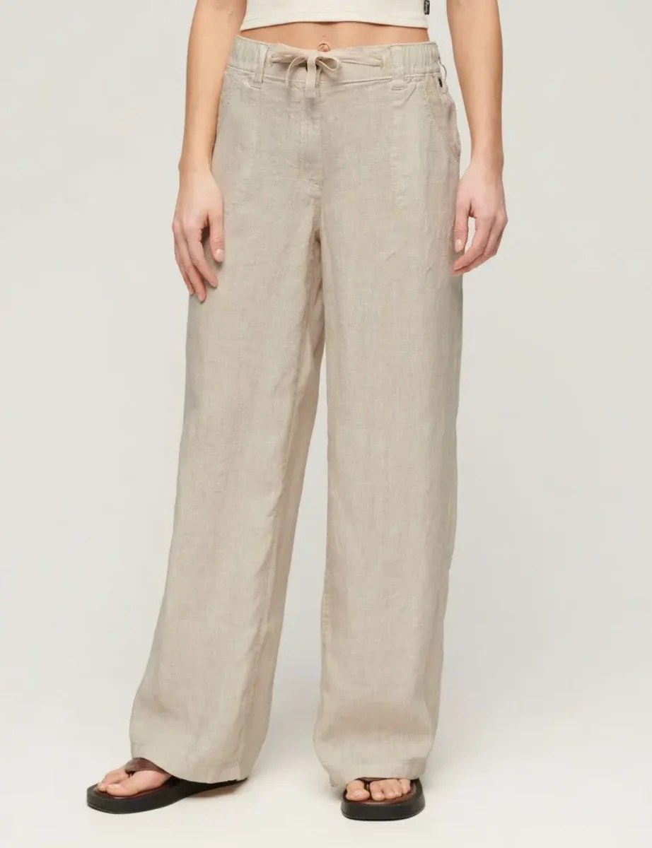 Superdry Women's Linen Low Rise Pant | Light Stone Beige