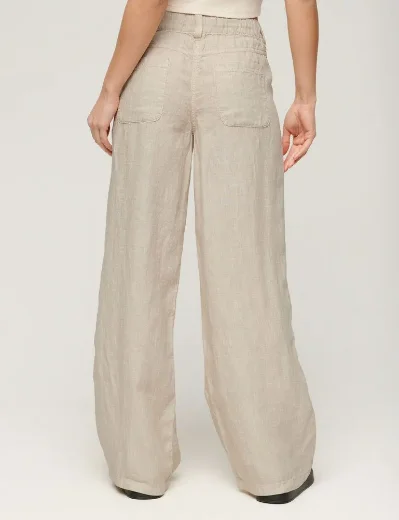 Superdry Women's Linen Low Rise Pant | Light Stone Beige