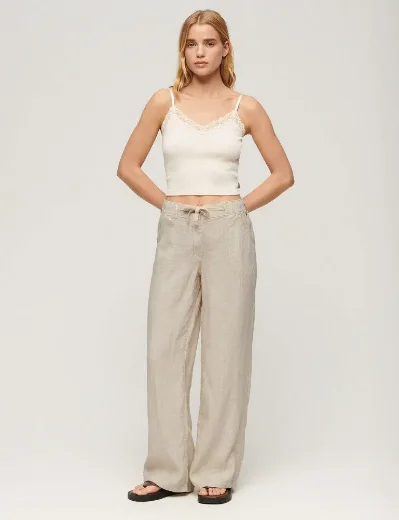 Superdry Women's Linen Low Rise Pant | Light Stone Beige