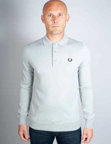 Fred Perry Long Sleeve Knitted Polo Shirt | Silver Blue Fred Perry Long Sleeve Knitted Polo Shirt | Silver Blue