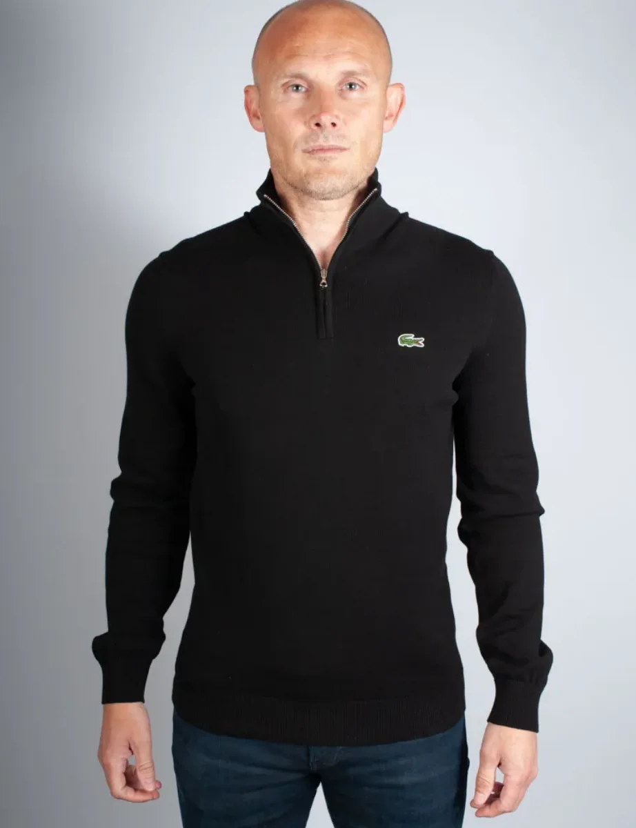 Lacoste Quarter Zip Organic Cotton Knit Jumper | Black