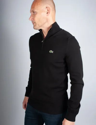 Lacoste Quarter Zip Organic Cotton Knit Jumper | Black