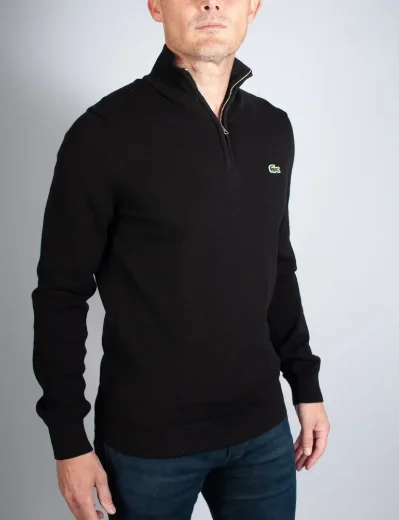 Lacoste Quarter Zip Organic Cotton Knit Jumper | Black