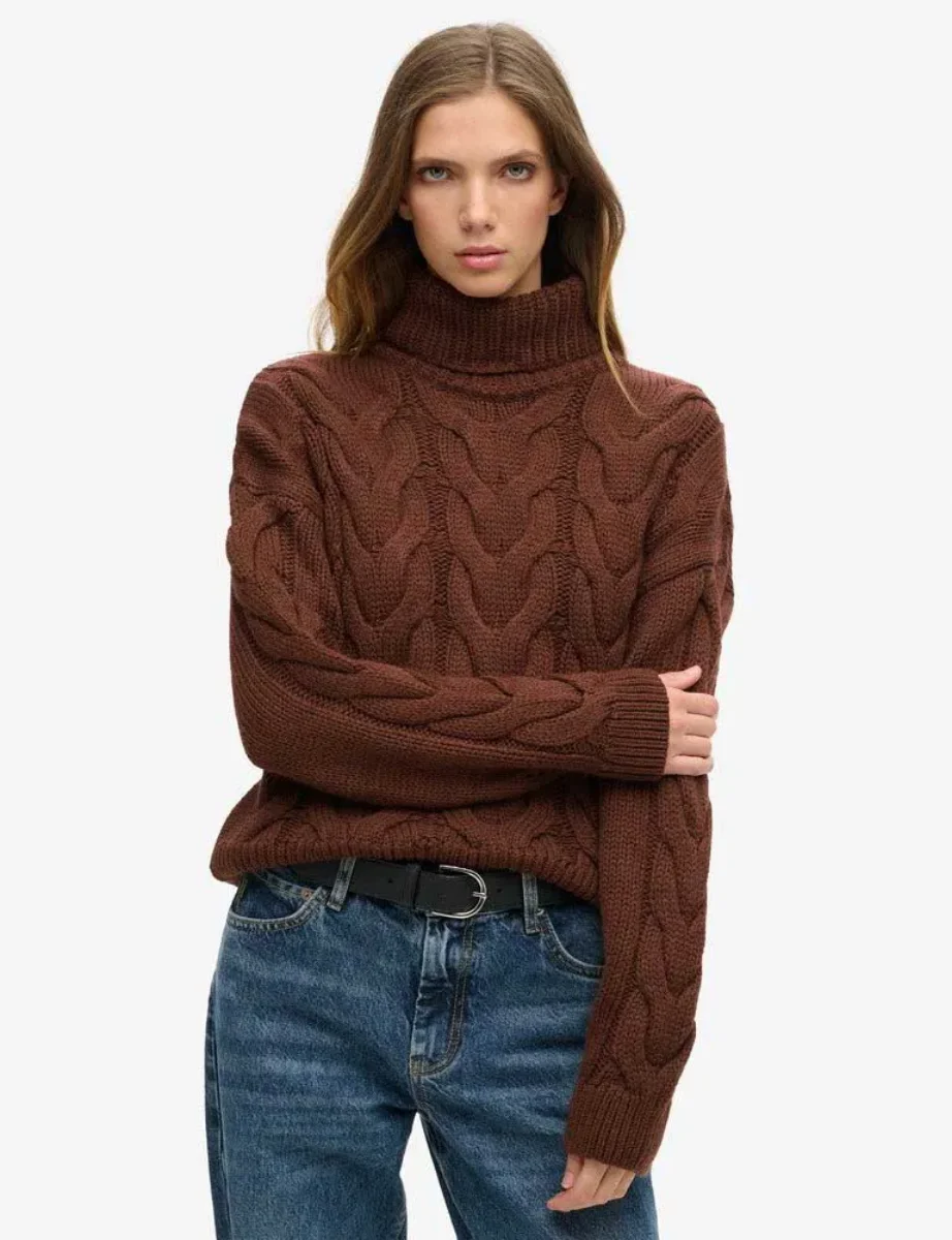 Superdry Women's Chain Cable Knit Polo Jumper / Brown Chicory Twist