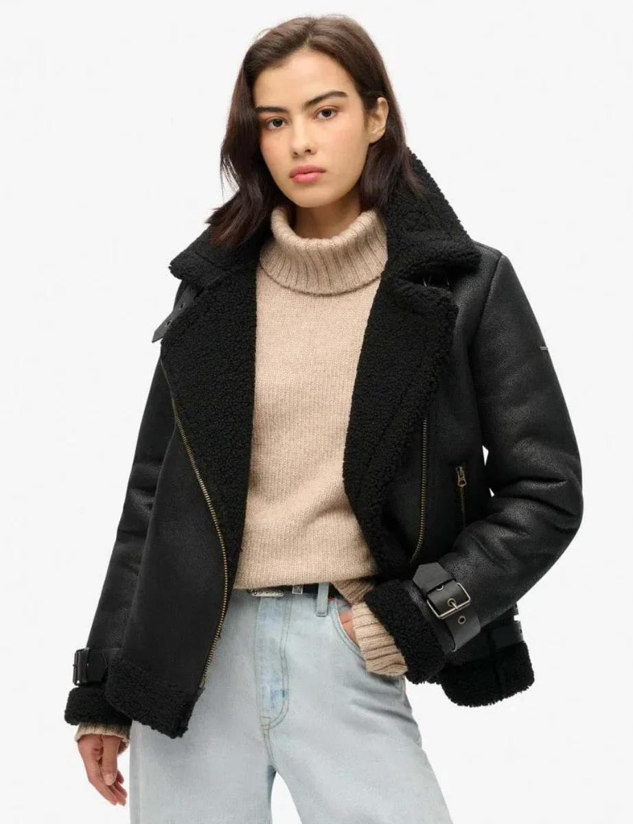 Superdry Women's Faux Shearling Aviator Jacket / Black