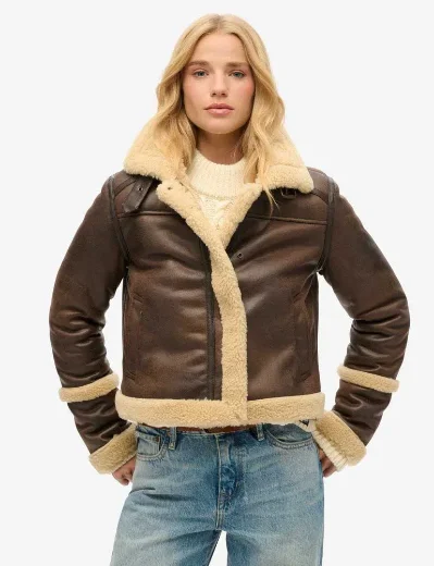 Superdry Women's Faux Shearling Cropped Aviator Jacket / Dark Brown