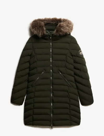 Superdry Fuji Faux Fur Hood Mid Length Jacket / Olive Green