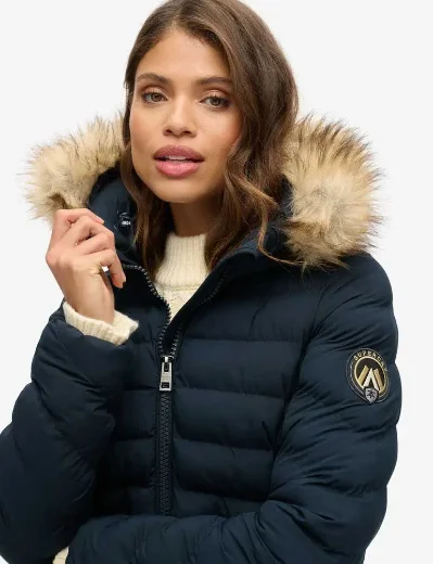 Superdry Fuji Faux Fur Hood Mid Length Jacket / Eclipse Navy