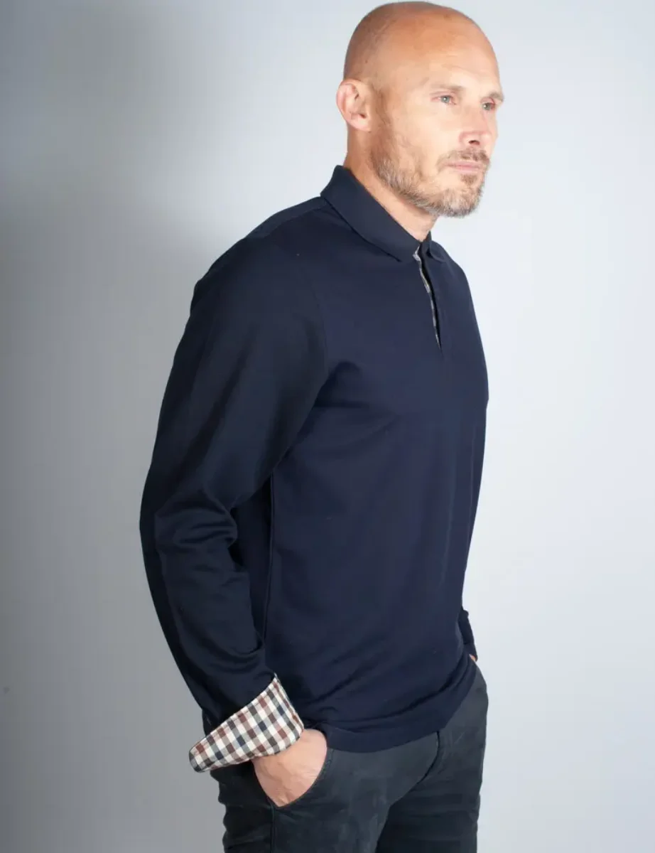 Aquascutum Active Supima Cotton Check Cuff Long Sleeve Polo | Navy