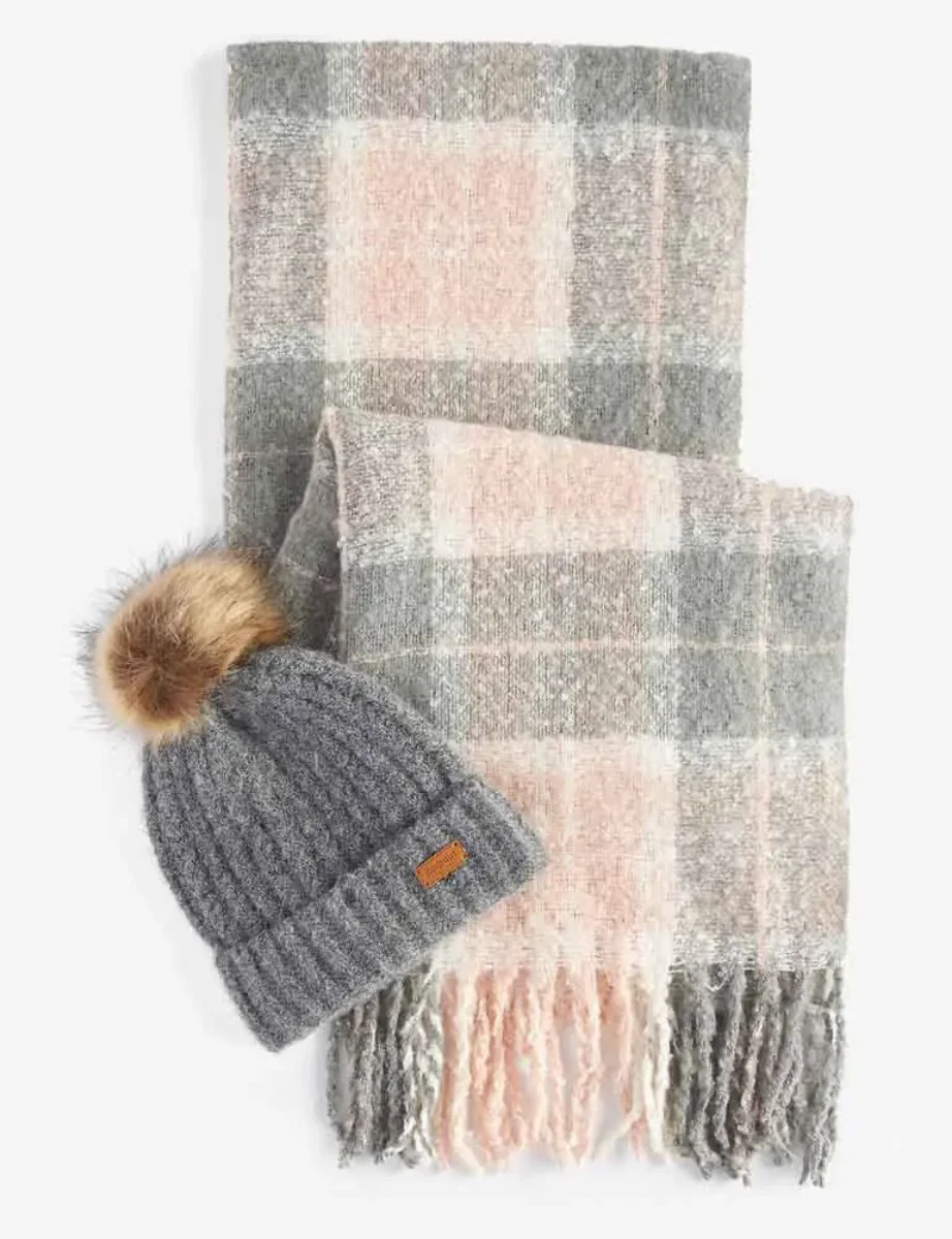 Barbour Womens Saltburn Beanie & Tartan Scarf Gift Set | Grey Rose