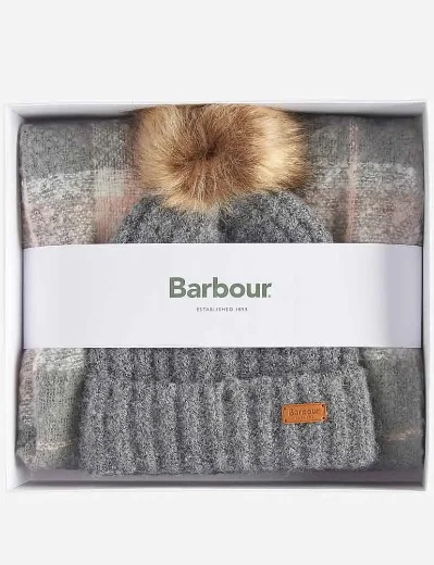 Barbour Womens Saltburn Beanie & Tartan Scarf Gift Set | Grey Rose