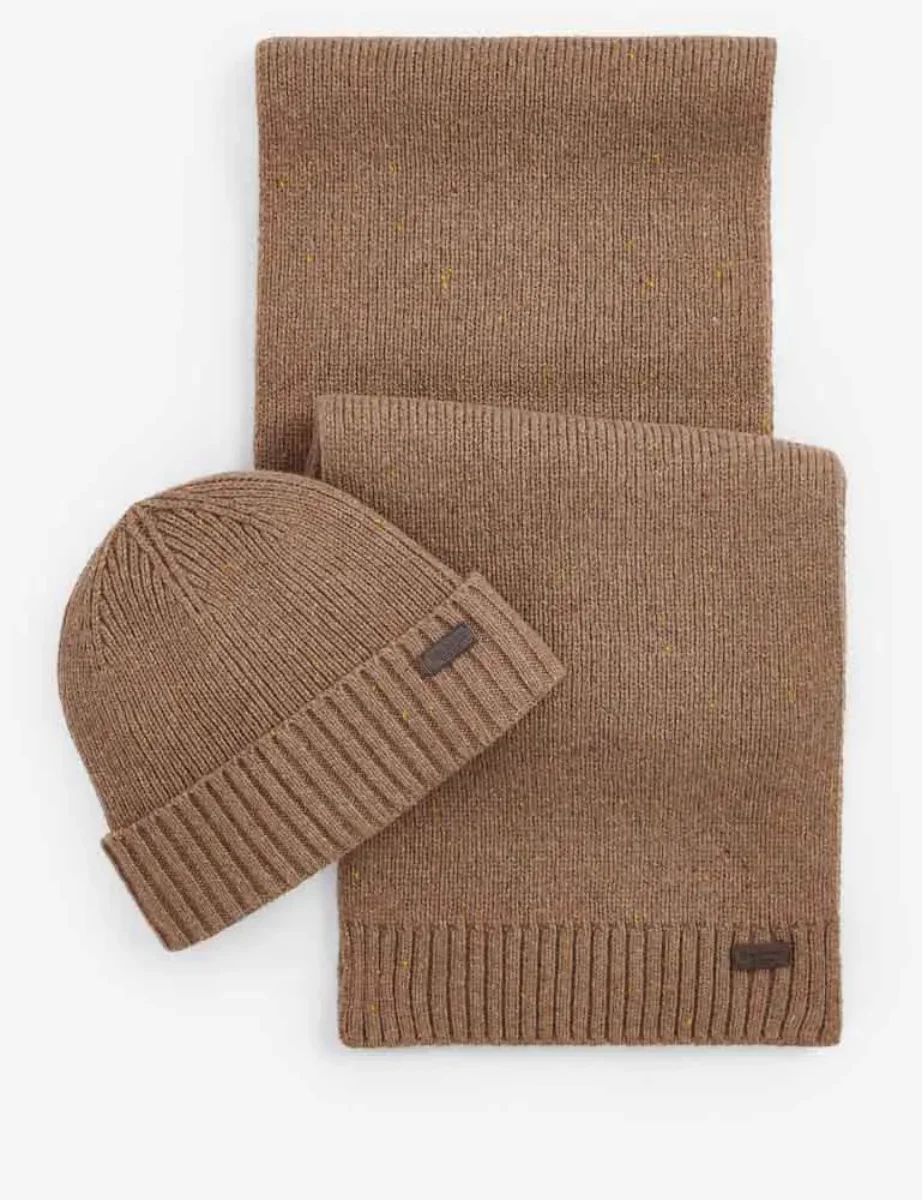 Barbour Carlton Fleck Beanie & Scarf Gift Set | Sandstone