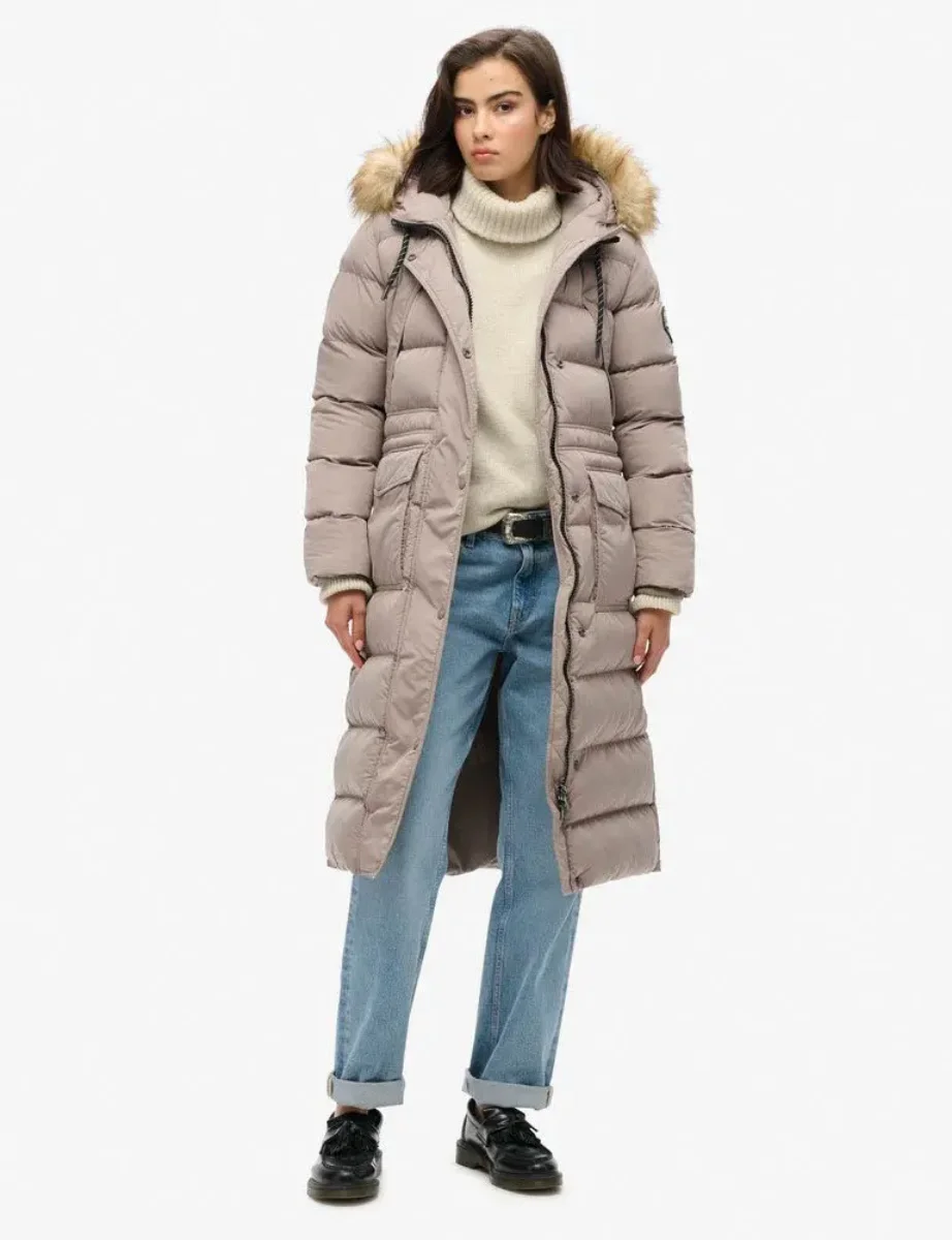 Superdry Womens Everest Faux Fur Longline Coat | Beige