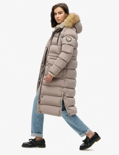 Superdry Womens Everest Faux Fur Longline Coat | Beige