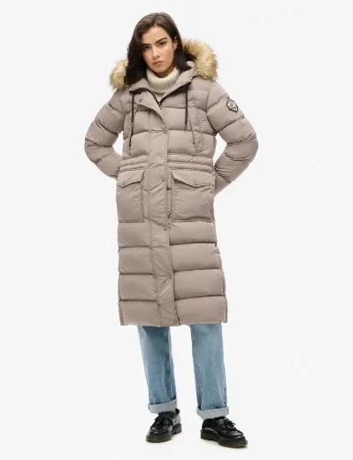 Superdry Womens Everest Faux Fur Longline Coat | Beige