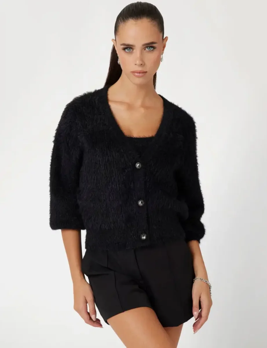 Guess Womens Keyla Fuzzy Yarn Cardigan | Black