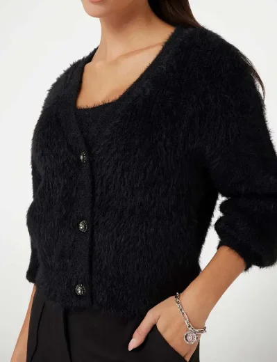 Guess Womens Keyla Fuzzy Yarn Cardigan | Black