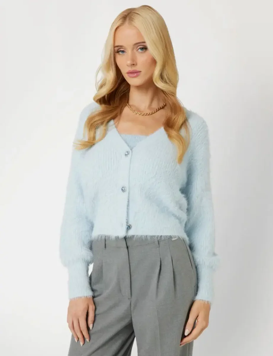 Guess Womens Keyla Fuzzy Yarn Cardigan | Light Blue