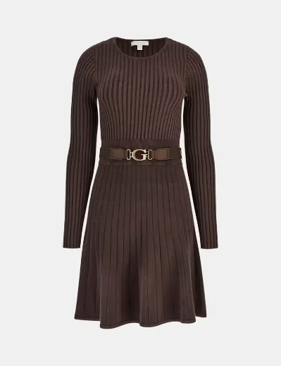 Guess Womens Paige Long Sleeve Ribbed Fit & Flare Dress | Brown