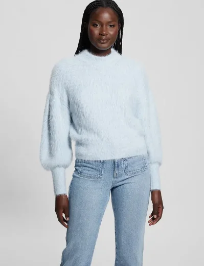 Guess Womens Keyla Fuzzy Yarn Crew Neck Knitted Sweater | Sky Blue