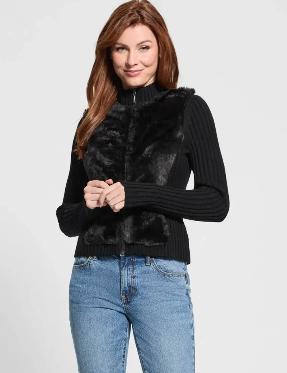 Guess Mila Faux Fur Front Zip Cardigan | Black