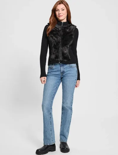 Guess Mila Faux Fur Front Zip Cardigan | Black