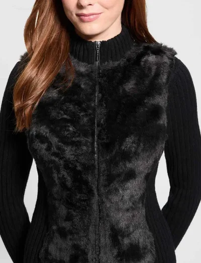 Guess Mila Faux Fur Front Zip Cardigan | Black