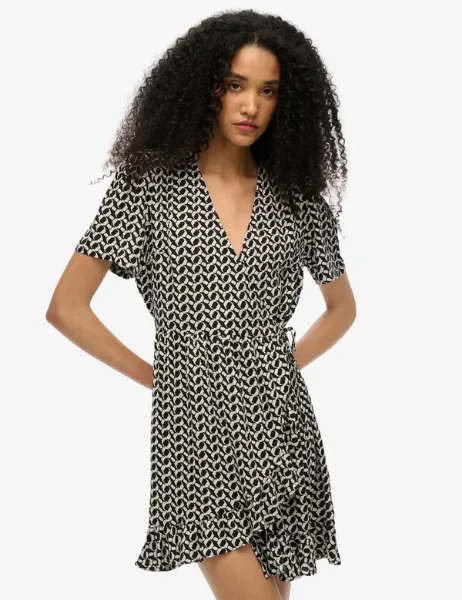 Superdry Short Sleeve Mini Wrap Dress | Black/White Superdry Short Sleeve Mini Wrap Dress | Black/White