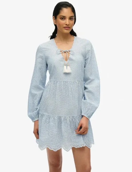 Superdry Womens Broderie Tiered Mini Dress | Blue Stripe Superdry Womens Broderie Tiered Mini Dress | Blue Stripe