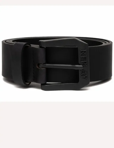Replay Men's Leather Belt with Logo Buckle Replay Men's Leather Belt with Logo Buckle | Black